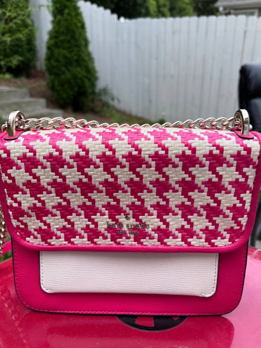 Kate Spade New York Pink Woven Crossbody Bag Chain Strap